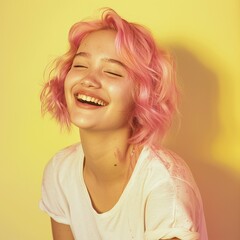 Discover the essence of elegance in this skincare portrait of a delighted 20-year-old European model highlighting pink hair. Against a soft backdrop, with a luminous filter effect 
