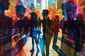 A digital art piece depicting diverse individuals standing in an array of vibrant colors, their silhouettes intertwined with the lively street scene behind them Generative AI - obrazy, fototapety, plakaty