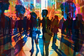 Foto op Aluminium A digital art piece depicting diverse individuals standing in an array of vibrant colors, their silhouettes intertwined with the lively street scene behind them Generative AI © SKIMP Art