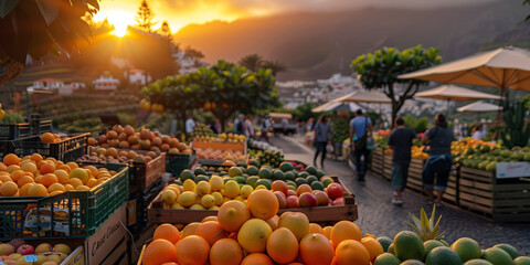 Sunset hues bathe a lively market, where fresh produce and social warmth are abundant. Generative AI.