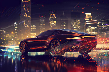 An abstract background featuring a luxury car against a city skyline at night