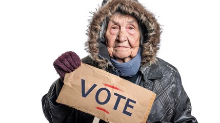 Elderly Caucasian woman holding VOTE sign. Senior female citizen advocating for civic duty. Concept of elections, voting, democracy, political advocacy, social involvement. Isolated on white backdrop