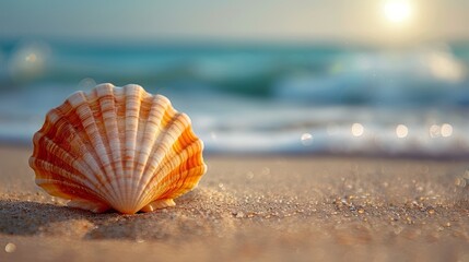 Fototapeta na wymiar Close-Up Beach Scene: Intricate Scallop Shell in Fine Sand Generative AI