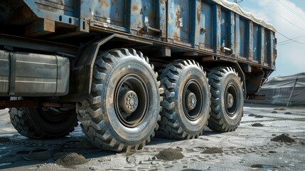 Fototapeta premium of a large vehicle, including its structure, materials, logos, and any visible wear. Textures such as metal surfaces, tire treads and shipping containers,