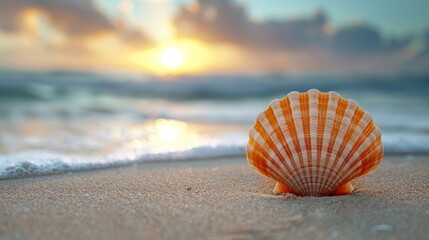 Close-Up Beach Scene: Intricate Scallop Shell in Fine Sand Generative AI