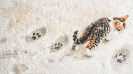 Watercolor illustration of kitten leaving paw prints on a textured surface. Walking cat with footprints. Playful feline. Concept of mischievous pet, domestic animal, and home mess.