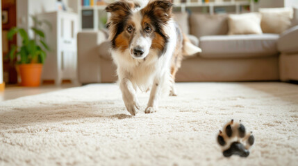 Collie dog walking on shaggy white rug with paw print. Shetland Sheepdog with playful stance. Concept of pet training, home life, intelligent breeds, and playful canines.