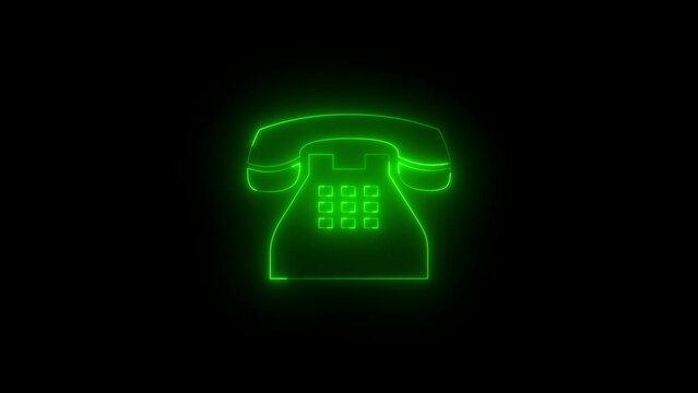 Neon glowing green telephone icon animation in black background