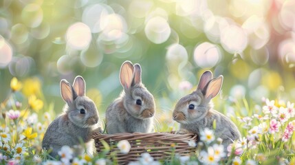 Fototapeta na wymiar Three little bunnies in an Easter basket sitting on the grass surrounded by wildflowers, spring scene in pastel colors, sunny day.