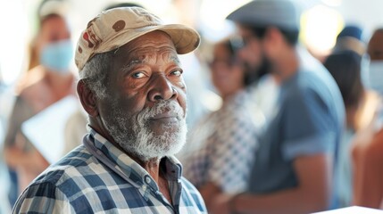 African American elderly man at voting station. Senior black male voter preparing to cast his vote. Concept of elections, civic duty, democratic process, voting rights, diversity. Copy space. - obrazy, fototapety, plakaty