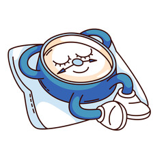 Groovy clock cartoon character sleeping on soft pillow. Funny retro blue clock with arrows and closed eyes on cute face, time to sleep mascot, cartoon sticker of 70s 80s style vector illustration