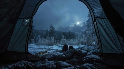 beautiful view of the mountains from outside the tent. The opening of the tent acts as a natural frame for the landscape, drawing the viewer to the majestic mountains. - obrazy, fototapety, plakaty