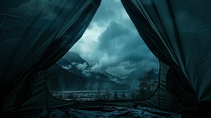 beautiful view of the mountains from outside the tent. The opening of the tent acts as a natural frame for the landscape, drawing the viewer to the majestic mountains. - obrazy, fototapety, plakaty