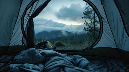 beautiful view of the mountains from outside the tent. The opening of the tent acts as a natural frame for the landscape, drawing the viewer to the majestic mountains.