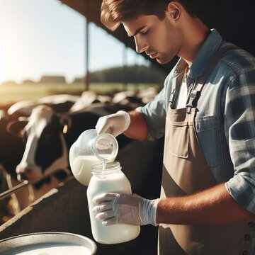 A dairy farmer pours fresh milk into a glass jar, captured in the golden light of the farm at dawn. The image portrays the essence of rural life and the farm-to-table concept. AI generation