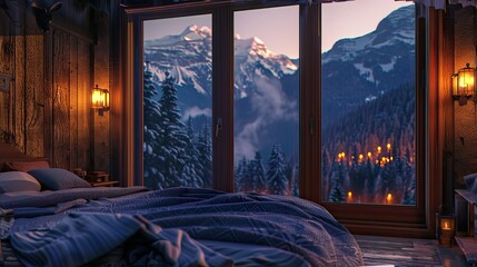 In the evening, in a cozy wooden house with a bed and a view of the forested mountains, the light...