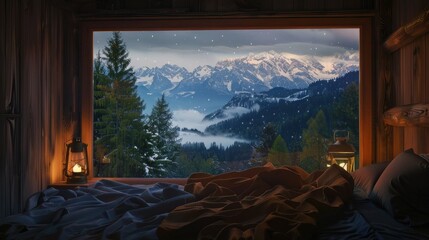 In the evening, in a cozy wooden house with a bed and a view of the forested mountains, the light...
