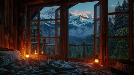 In the evening, in a cozy wooden house with a bed and a view of the forested mountains, the light of lamps creates a romantic atmosphere. Panoramic window overlooking a beautiful landscape