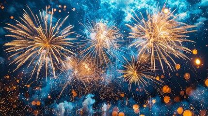Fototapeta premium Beach Nightscape with Fireworks Reflection in Gold and Blue Hues Generative AI