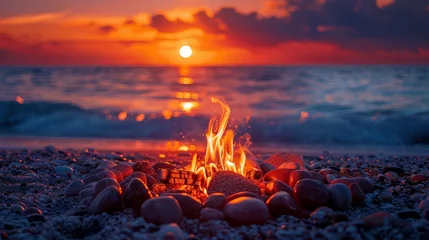 Fototapeten Beach Bonfire at Sunset with Selective Focus Generative AI © Alex
