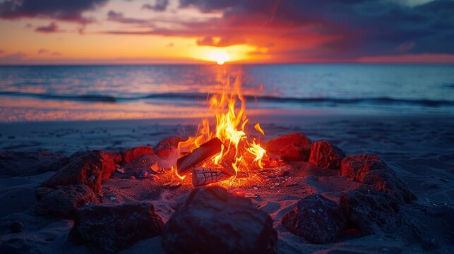 Beach Bonfire at Sunset with Selective Focus Generative AI