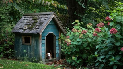 Close-ups of a dog sitting in a kennel, a doghouse in a well-lit area to showcase its details and textures in an eco-style wooden design.