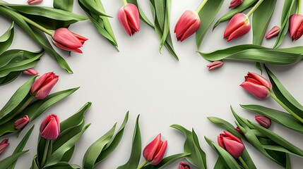 pink tulips are arranged in a circle with an empty center to draw attention while leaving space for text or graphics. The intricate details of each tulip and surrounding foliage are captured.