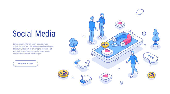 Social media concept with characters. Likes, followers and thumbs up symbol. Outline isometric vector illustration isolated on white background. 3d line style.