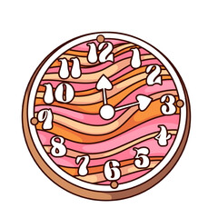 Groovy cartoon retro clock with psychedelic wave pattern. Funny wall clock with trippy wavy lines and swirls, hour and minute hands. Time mascot, cartoon sticker of 70s 80s style vector illustration