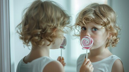 The child holds a small lollipop in his mouth in a natural way while looking at himself in the mirror. - Powered by Adobe