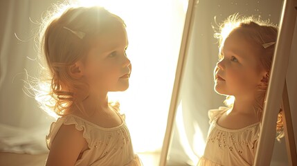 a small child looks in the mirror, the rays of the sun emphasize the realism of the frame - Powered by Adobe