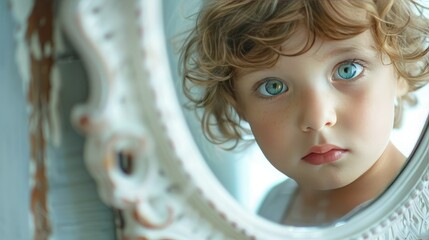a small child looks in the mirror, the rays of the sun emphasize the realism of the frame