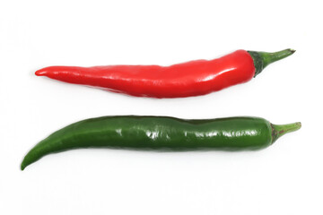 Red and green hot chili pepper top view isolated on white background clipping path