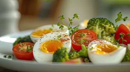 the details and textures of food, such as the speckles of hard-boiled eggs and the vibrant colors of tomatoes and broccoli. Close-up photos to showcase individual ingredients and their freshness.