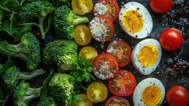 the details and textures of food, such as the speckles of hard-boiled eggs and the vibrant colors of tomatoes and broccoli. Close-up photos to showcase individual ingredients and their freshness.
