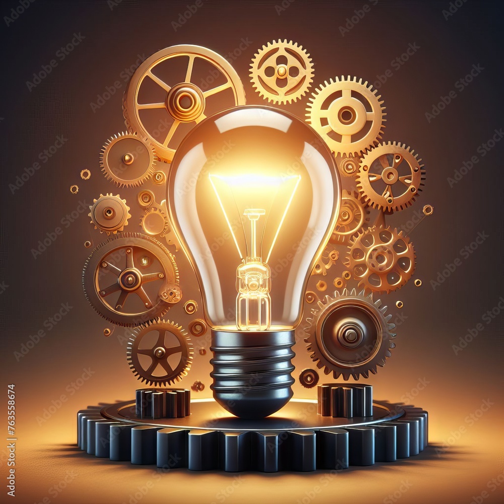 Poster a glowing lightbulb surrounded by gears symbolizes innovation and complex thought processes. the mec