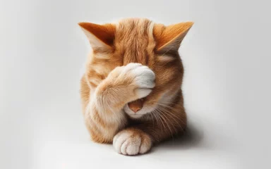 Fotobehang Photo of an orange kitten who is shy and covers his face with his paw © Dmytriy