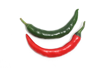 Red and green hot chili pepper top view isolated on white background clipping path