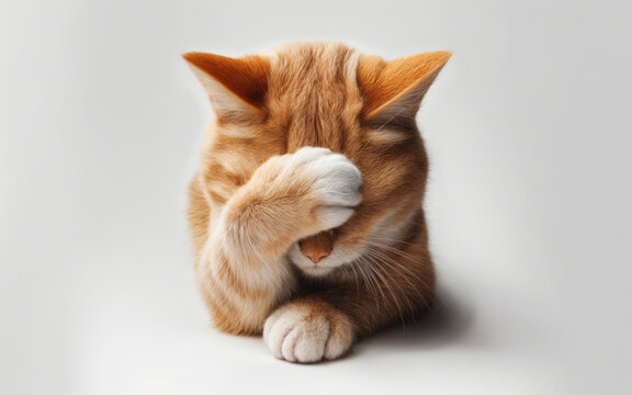 Photo of an orange kitten who is shy and covers his face with his paw