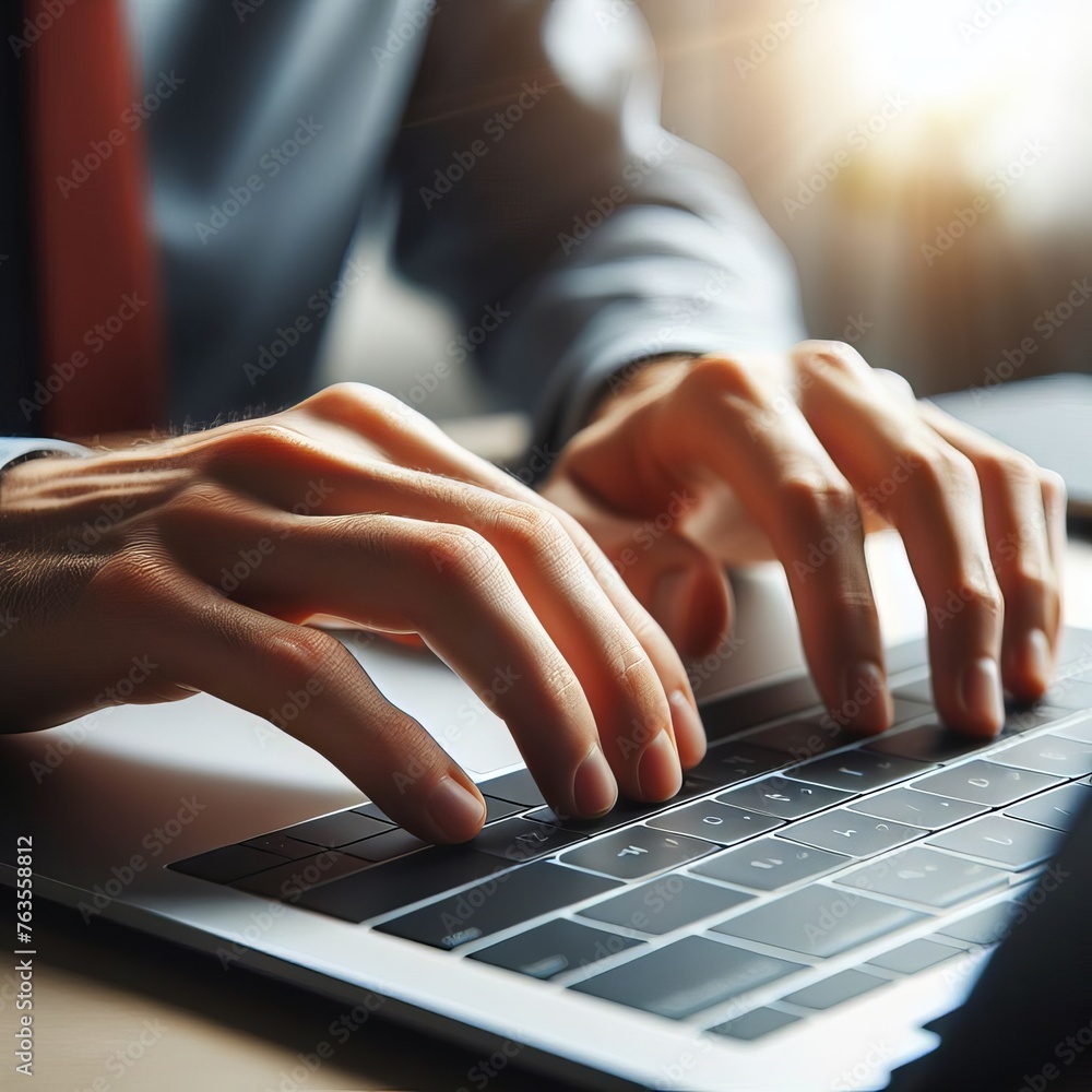 Poster close-up of hands swiftly typing on a laptop keyboard, capturing a moment of productivity and digita