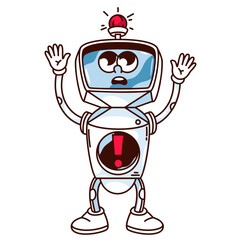 Groovy robot cartoon character with important warning message. Funny retro android with siren, exclamation mark. Alert notification mascot, cartoon robot sticker of 70s 80s style vector illustration