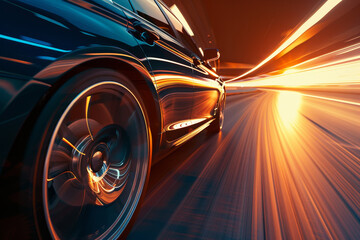 An abstract view of a luxury car speeding down a highway at sunset