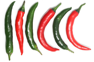 Group of red and green hot chili pepper top view isolated on white background clipping path