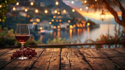 Nighttime Lakeside Cafe: Glass of Wine on Rustic Table with Blurred Italian Lake View Generative AI - obrazy, fototapety, plakaty