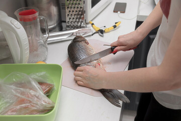 Housewife preparing food at the kitchen, cutting fresh fish - 763559064