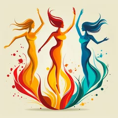 Fotobehang Simple vibrant graphic resources stylized dancing figures of three women. © Creative Habits