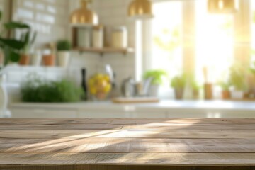 Brown wooden table top with copy space for product advertising over blurred kitchen background with window at home