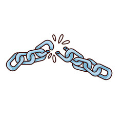 Groovy cartoon broken link with defect. Funny retro metal chain with gap and rupture, disconnect and network connection failure mascot, cartoon unsafe link sticker of 70s 80s style vector illustration