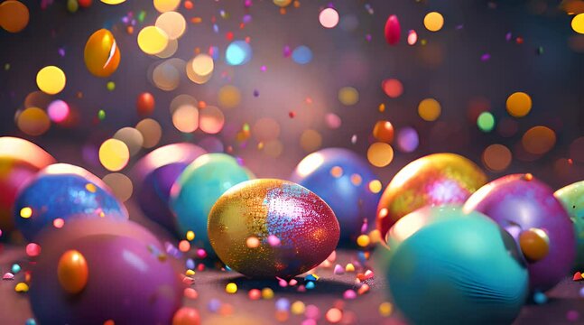 Easter eggs with sparkling sparkles on the background. Holiday video AI