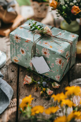 A green box with a floral design and a tag that says Merry Day